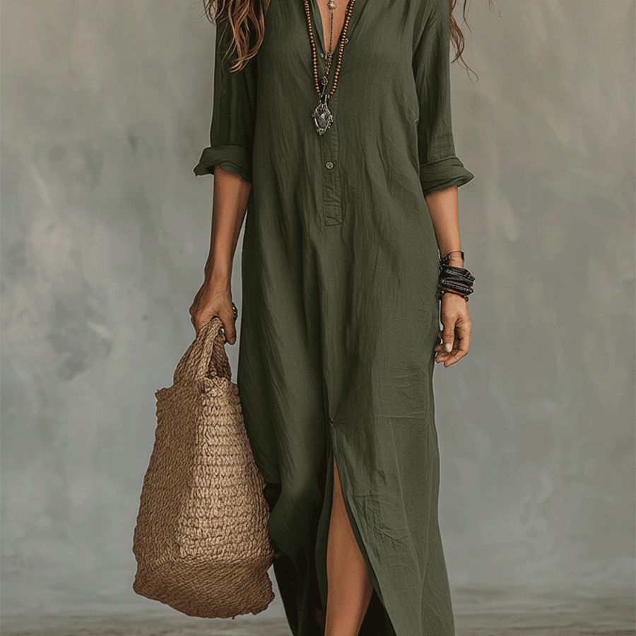 Vestido maxi bohemio negro con botones en la parte delantera