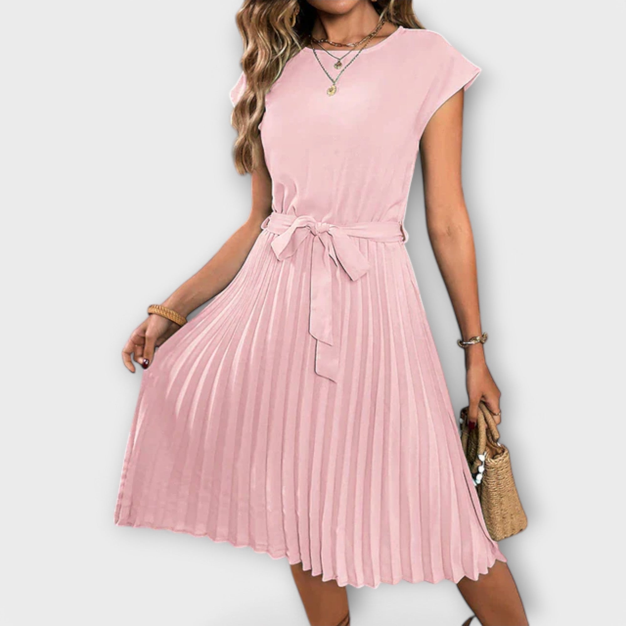 Ana - Vestido corto de manga corta plisado y casual