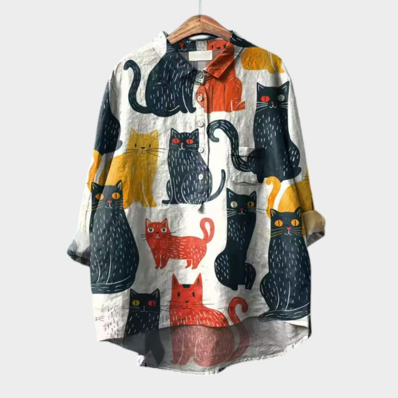 Liliana™ | Blusa de lino atemporal con gatos multicolores para la comodidad