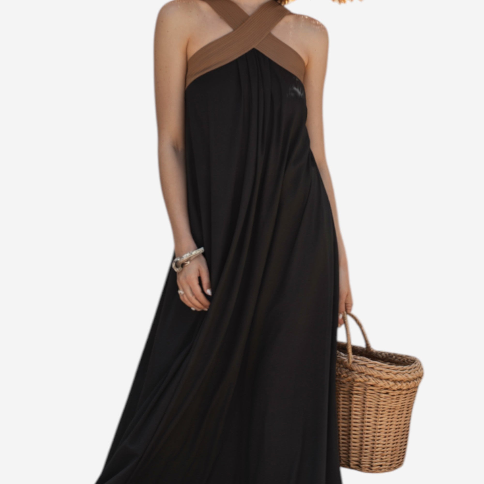 María - Vestido elegante con espalda descubierta y cuello cruzado a la moda