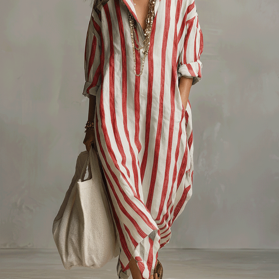 Camisa casual a rayas y vestido maxi de estilo bohemio