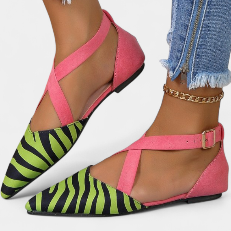 Fenna Bailarinas con Estampado de Cebra y Tiras Cruzadas