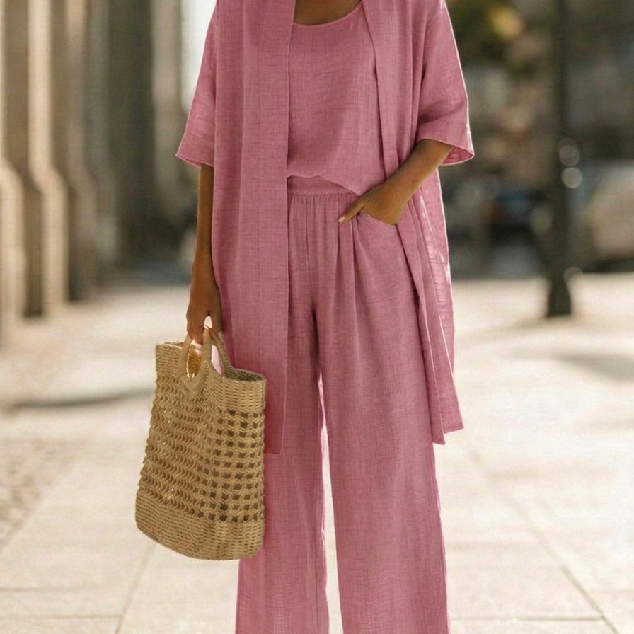 María - Conjunto de tres piezas de lino y algodón, estilo casual y cómodo