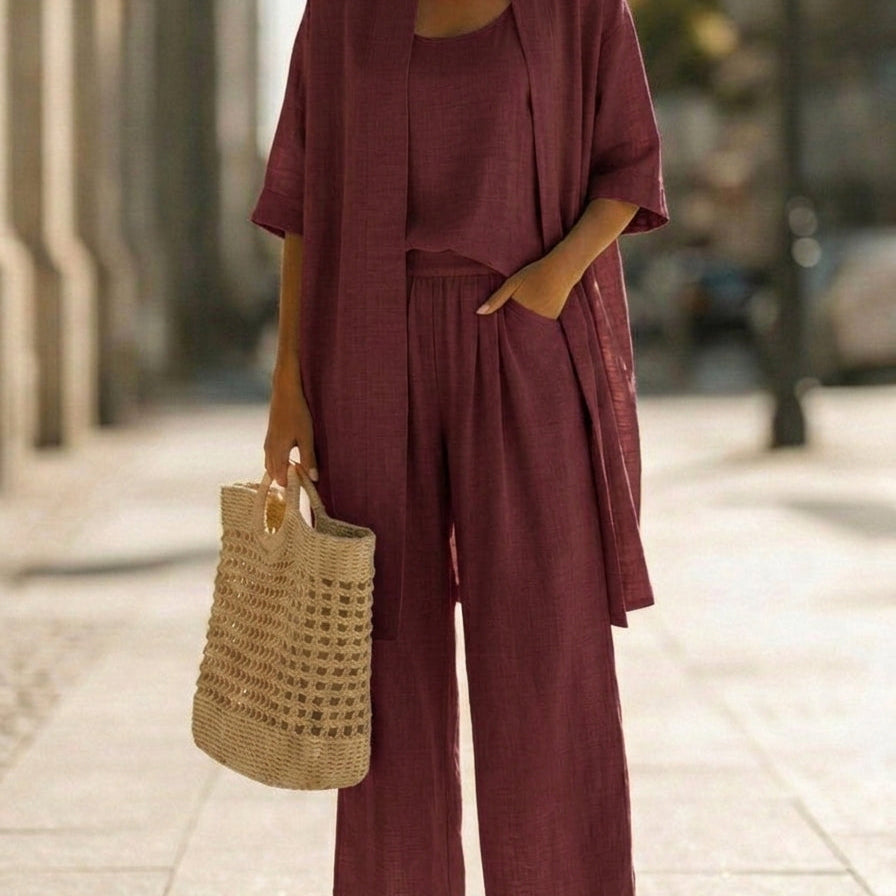 María - Conjunto de tres piezas de lino y algodón, estilo casual y cómodo
