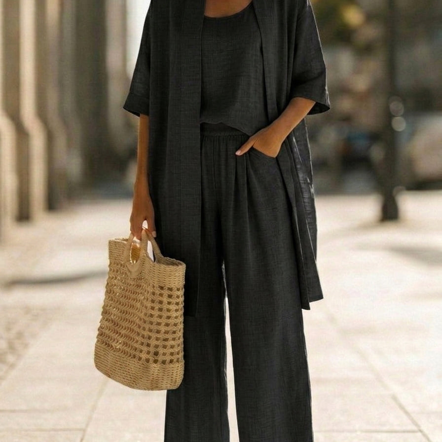 María - Conjunto de tres piezas de lino y algodón, estilo casual y cómodo