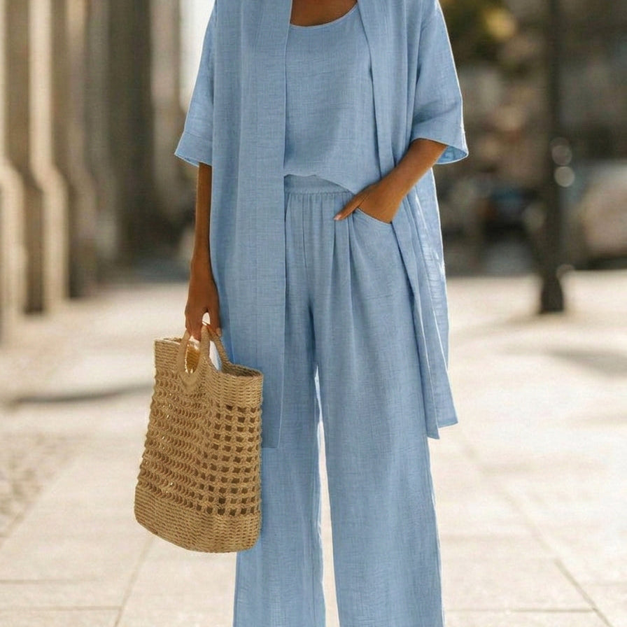 María - Conjunto de tres piezas de lino y algodón, estilo casual y cómodo
