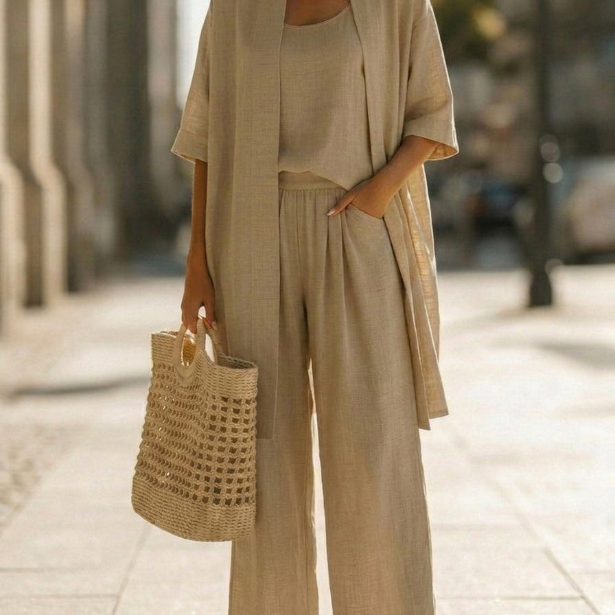 María - Conjunto de tres piezas de lino y algodón, estilo casual y cómodo