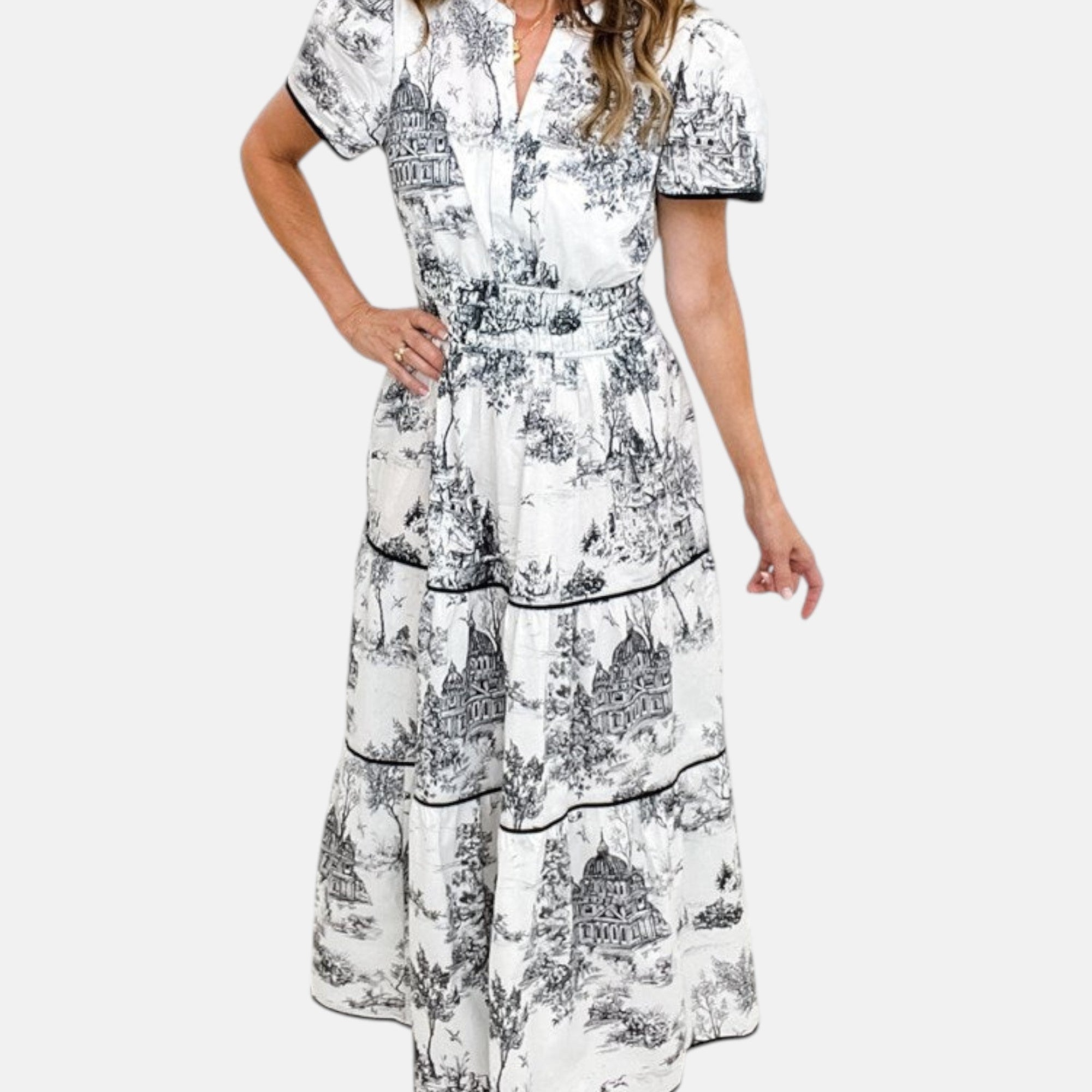 Alejandra - Vestido largo clásico con estampado toile